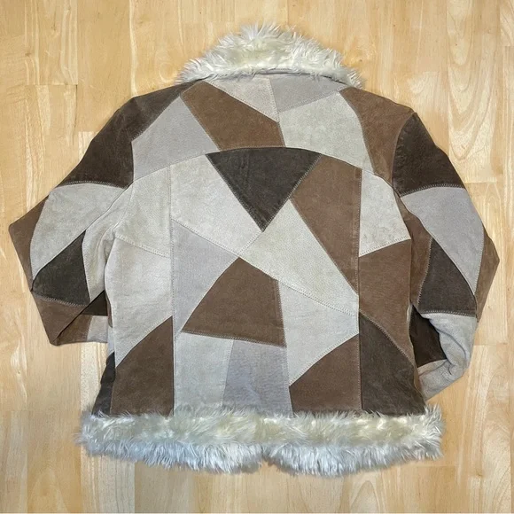 Vintage STATIC Genuine Suede Leather Patchwork Faux Fur Trim Jacket - Brown/Tan - Picture 4 of 16